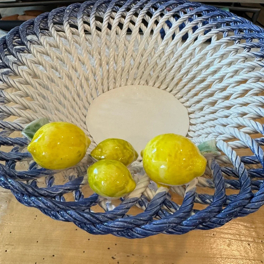 Lanzarin Italian Woven Lattice Ceramic Pedestal Lemon Basket Hand Made in Italy